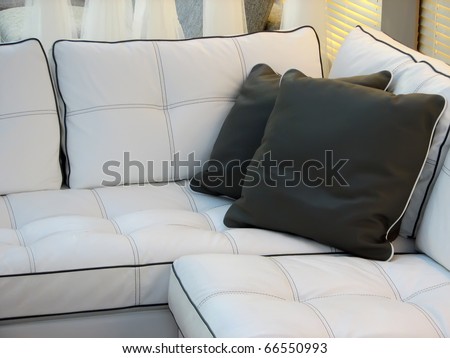 Living room furniture. Leather furniture. Leather couch with pillows.