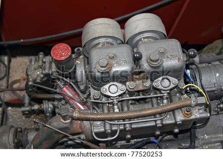 Boat engine. Boat motor engine. Ship fuel engine.