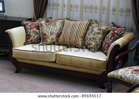 Vintage furniture sofa with pillows. Vintage furniture set.