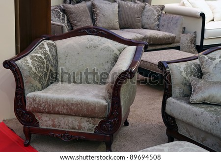 Wooden arm chair home furniture set. Wooden arm chair home interior.