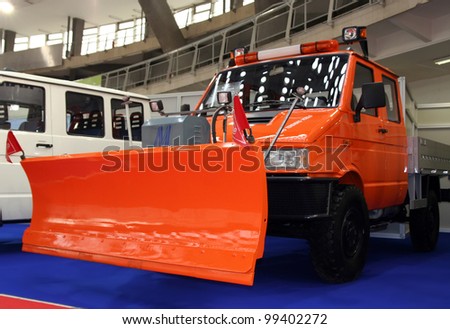 BELGRADE - MARCH 29: An Zastava snow plow truck on display at the 50th International Car Show on March 29, 2012 in Belgrade, Serbia.