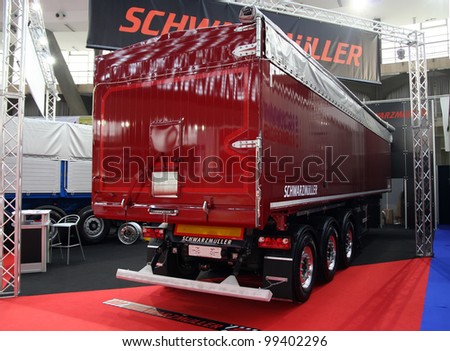 BELGRADE - MARCH 29: An Truck trailer on display at the 50th International Car Show on March 29, 2012 in Belgrade, Serbia.