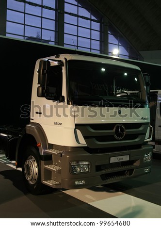 BELGRADE - MARCH 29: An Mercedes truck on display at the 50th International Car Show on March 29, 2012 in Belgrade, Serbia.