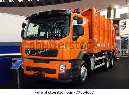 BELGRADE - MARCH 29: An Volvo garbage truck on display at the 50th International Car Show on March 29, 2012 in Belgrade, Serbia.
