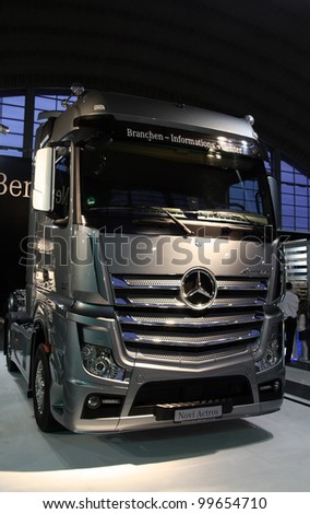 BELGRADE - MARCH 29: An Mercedes Actros truck on display at the 50th International Car Show on March 29, 2012 in Belgrade, Serbia.