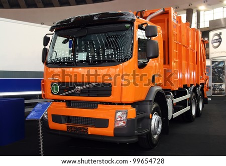 BELGRADE - MARCH 29: An Volvo garbage truck on display at the 50th International Car Show on March 29, 2012 in Belgrade, Serbia.