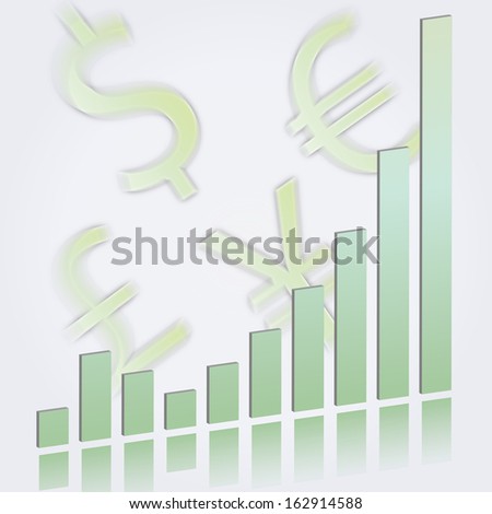 Illustration of an ascending bar graph showing growth and increasing performance or profits in pale green on a reflective surface with currency symbols for the dollar, euro, yen, and pound