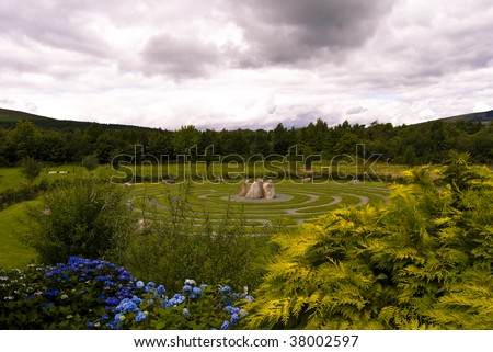 Panoramic view of a Celtic maze in Wicklow, Ireland.