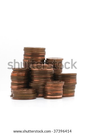 Stacks of copper coins isolated on white