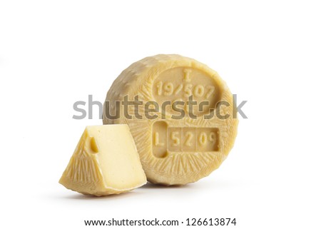 Typical Sicilian cheese from cow called TUMAZZO, on white background