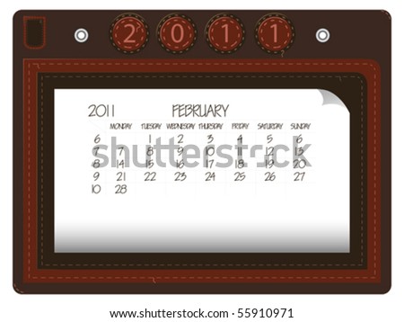stock vector : february 2011 leather calendar against white background, 