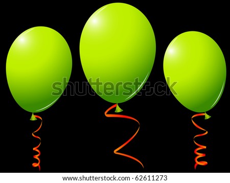 green balloons against black background, with orange ribbons; abstract art illustration; for vector format please visit my gallery