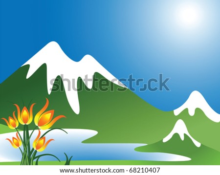 mountain landscape with lake and flowers, abstract vector art illustration