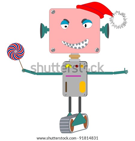 ugly robot laughing, with wind mill toy; abstract art illustration