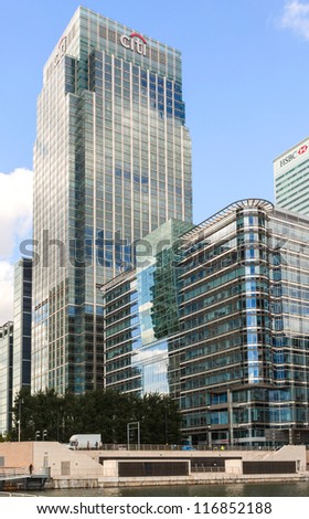 LONDON, ENGLAND - OCT 12: Canary Wharf UK HQ of Citi bank and HSBC on October 12, 2012 in London, England.Citibank and HSBC are by asset value the 14th and 2nd largest banks in the world