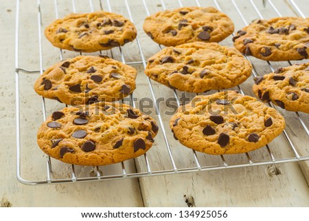 Choc chip cookies on a cooling tray