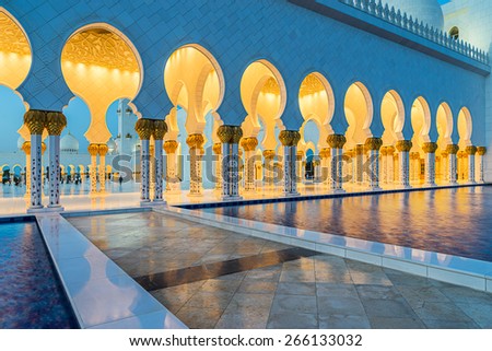 Abu Dhabi, UAE, 12th March 2015: The Sheikh Zayed Grand Mosque. The mosque is an architectural wonder of the Islamic world with a capacity for 41,000 worshipers