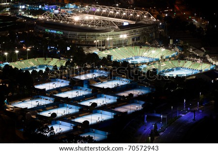 MELBOURNE, AUSTRALIA - JANUARY 18: Night view of Melbourne Park tennis courts on Jan 18, 2011 in Melbourne. Melbourne Park is home to the richest Grand Slam tennis tournament in history.