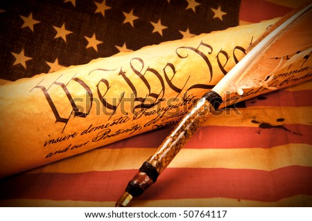 Old fashionet American Constitution - We the people  with USA Flag.