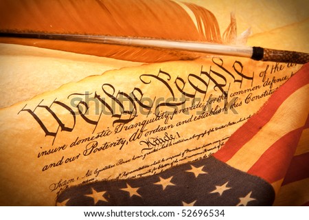 stock photo : Old fashionet American Constitution - We the people  with USA Flag.