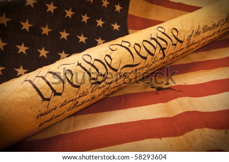 Old fashionet American Constitution - We the people  with USA Flag.