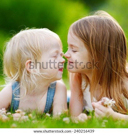Two cute little sisters having fun while laying in the grass on a sunny summer day