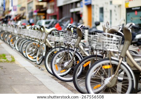 Row of city bikes for rent in Paris, France