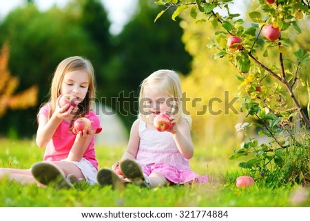 Two little girls picking apples in a garden at autumn