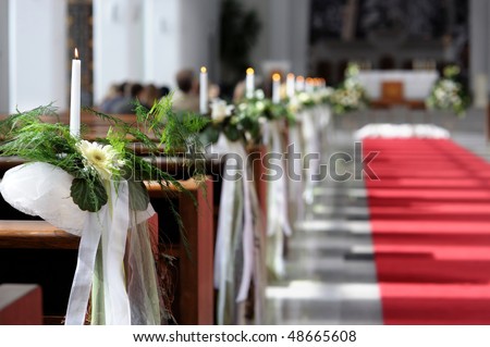 stock photo Beautiful flower wedding decoration in a church