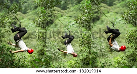Zip line three images sequence , adult man , Ecuadorian Andes