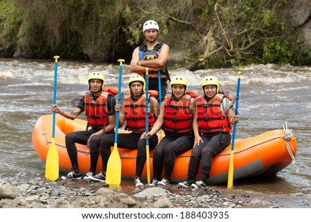 Large group of young people read to go rafting