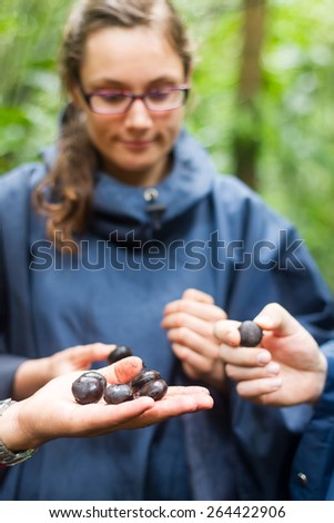 TOURIST WOMAN IN AMAZONIAN PRIMARY JUNGLE IS SHOWED TAGUA SEEDS