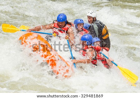 White Water Rafting Team In Bright Sunlight Pastaza River Ecuador Sangay National Park