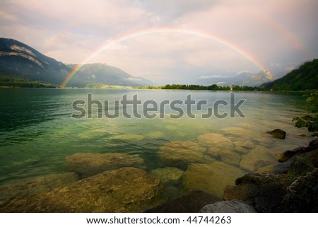 double rainbow over the lake.
