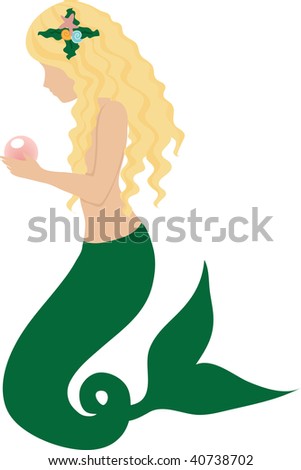 clipart illustration of a blonde mermaid with shells and starfish in her hair and holding a large pink pearl