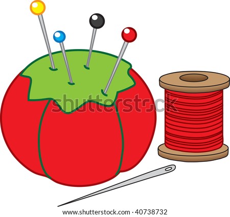 clipart illustration of some sewing implements. a pin cushion, pins, a sewing needle and a spool of thread
