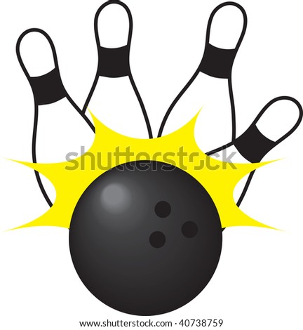 clipart illustration of a bowling ball knocking over bowling pins
