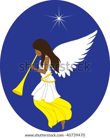 clip art illustration of an african american christmas angel sounding a trumpet.