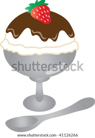 Clip art illustration of a vanilla sundae with chocolate frosting and a strawberry on top.