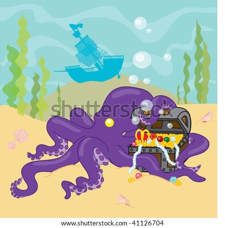 Clip art illustration of an octopus protecting sunken treasure.