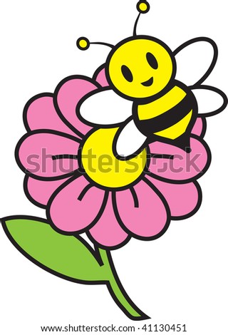 Clip art illustration of a bee on a pink flower.