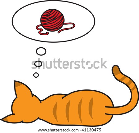 stock photo : Clip art illustration of a cat dreaming of a ball of yarn.