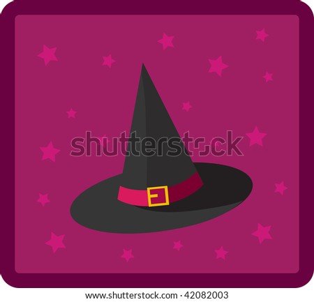 Clip art illustration of a witch\'s hat against a purple star background.