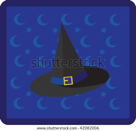 Clip art illustration of a witch\'s hat against a blue star and moon background.