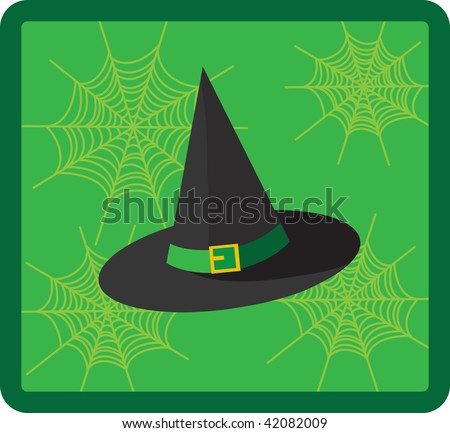 Clip art illustration of a witch\'s hat against a green spider web background.