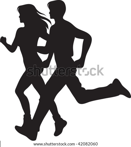 Clip art illustration of a man and woman running.