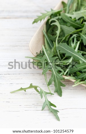 Fresh rocket leaves on a white wooden background with copy space.