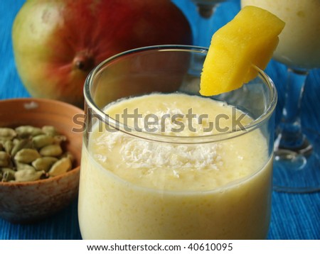 Typical Indian refreshing fruity soft drink called Mango Lassi.