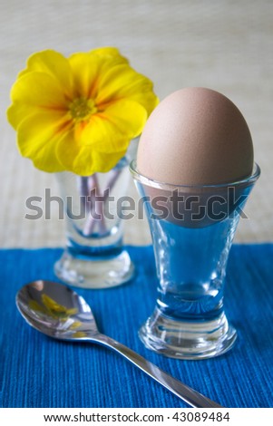 Selective focus image of an egg in a cup with a spoon and a yellow primrose in a flower vase.