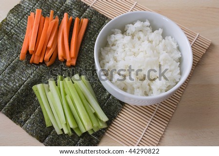 stock photo : Ingredients for sushi: sliced carrots and celery, 